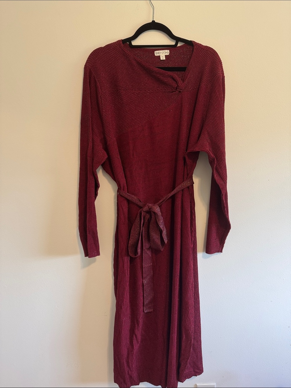 Long Sleeve Knit Midi Dress with Self-Tie Waist